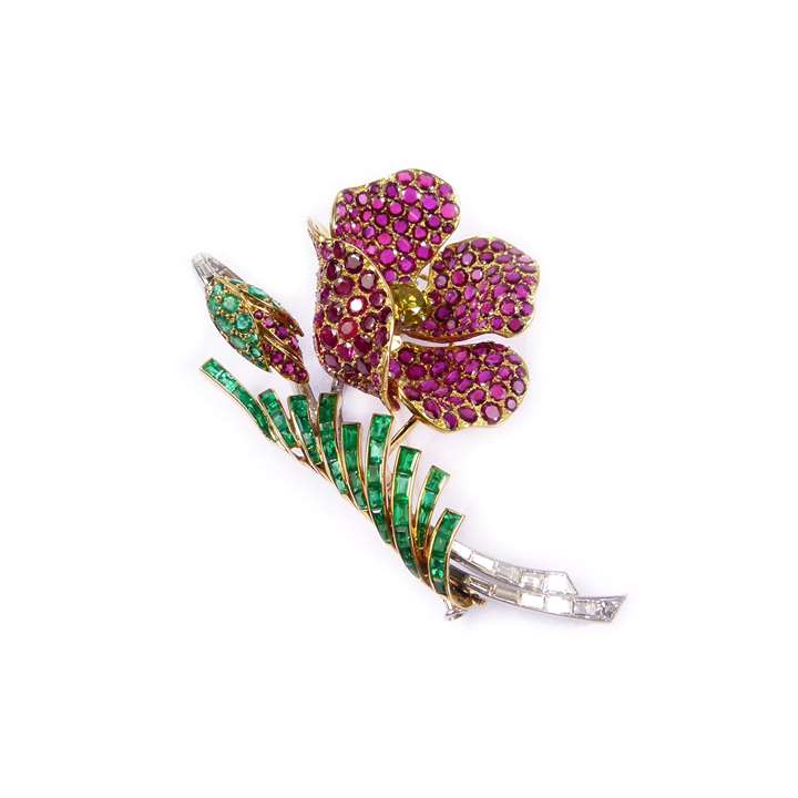 Ruby, emerald and diamond floral spray brooch